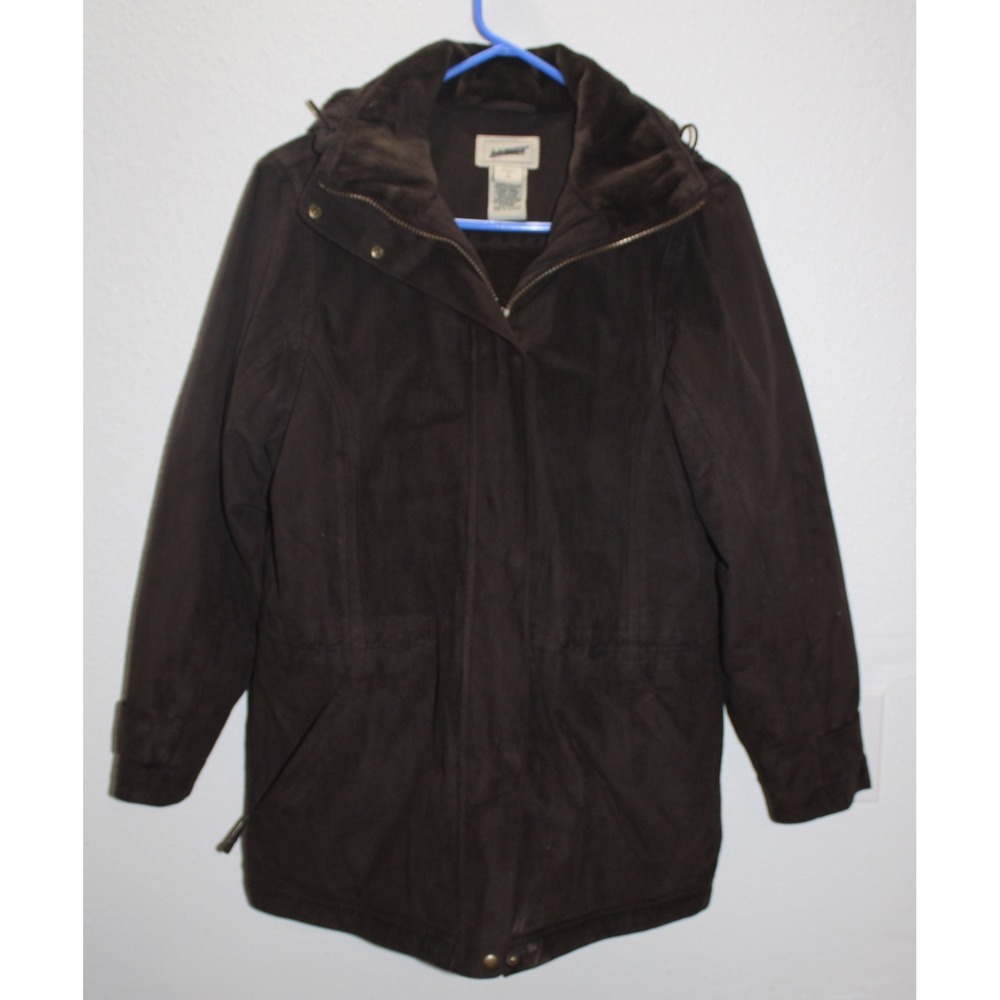 LL Bean Womens Faux Suede Fur Lined Hooded Parka Jacket Brown Size small